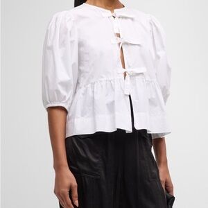 GANNI white poplin tie-front blouse